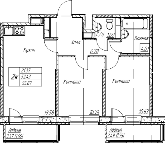 2-комнатная квартира 55.87 м², 4/22 эт., ЖК «Парк-квартал Юнтолово»